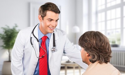 Wall Mural - Happy doctor with a man patient for healthcare treatment, AI generated image