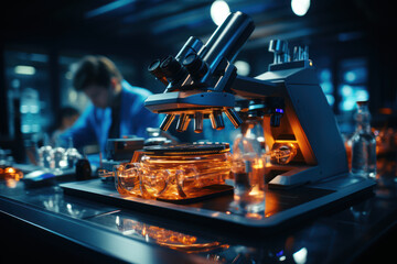 Poster - a scientist peering through a microscope, studying cellular processes that occur in fractions of a s
