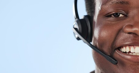 Poster - Happy black man, face and call center on mockup in customer service against a studio background. Closeup portrait of African male person, consultant or agent smile for telemarketing or online advice