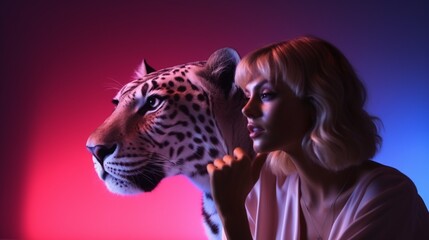 Wall Mural - Beautiful young woman with a fierce leopard under pink and blue neon light in studio, concept of dangerous, woman power and fatal temptation.