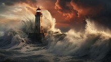 Waves Crashing Against A Lighthouse During A Storm.