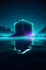 Futuristic abstract neon cube in the dark, 3d illustration, geometric shape