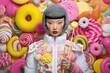 Asian Woman Candy Edgy Vivid Colors Backdrop Generative AI