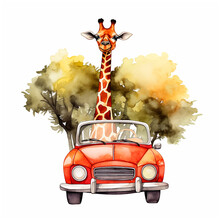 A Giraffe Riding In The Back Of A Car Watercolor Paint