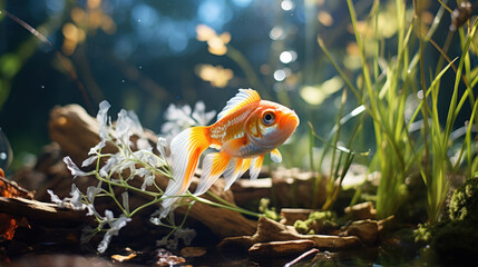 Aquarium Goldfish swim among algae and stones, corrals and underwater plants in an aquarium