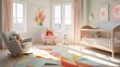 a playful and colorful nursery carpet, with whimsical patterns and soft pastel hues that create a cheerful atmosphere