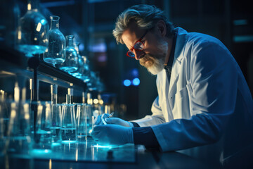 Poster - a scientist brainstorming ideas for groundbreaking experiments in a laboratory. concept of scientifi