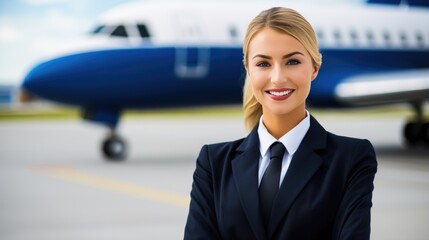 Smiling female flight attendant. Woman in uniform. Successful woman. Air travel.