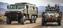 An Armored Truck And An Armored Car Are On The Road In The Desert, Cinematic Scene Style