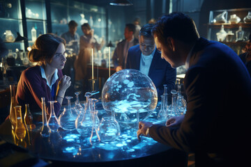 Poster - a group of scientists in a laboratory, engaged in a lively debate about research directions. concept