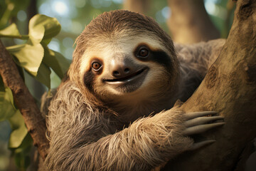 Wall Mural - A grinning sloth hanging from a tree branch, seemingly amused by its own slow movements. Concept of a contented sloth. Generative Ai.