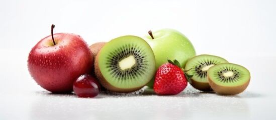 Poster - Assorted fruits arranged on a white background perfect for a healthy mix