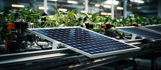 Poster - Conveyor assembles solar panels at industrial factory with copyspace for text