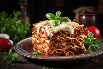 Wall Mural - Piece of lasagna with bolognese sauce on plate. Italian cuisine