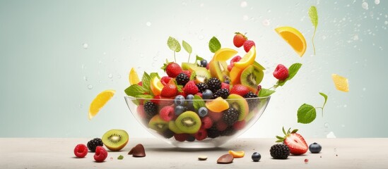 Wall Mural - Fresh fruits flying in a bowl Salad with airborne fresh fruits with copyspace for text