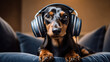 © Natalia - Cute dachshund dog resting with headphones on