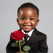 Adorable Smiling Little Baby Boy In A Black Tuxedo Holding A Red Rose In His Hands, Isolated On A White Background