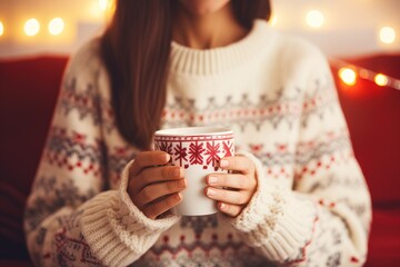 woman's hands in a knitted christmas sweater holding a white cup of coffee or cocoa