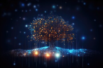 Poster - Abstract blue digital tree symbolizes futuristic technology, global connectivity, and the electronic web of modern business.