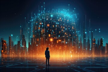 Poster - A futuristic cityscape at night, illuminated by digital technology, embodies the future of global business communication.