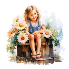 Wall Mural - Little boy sitting in a barrel filled with flower