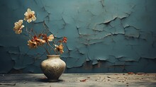 A Wilted Flower In A Cracked Vase Sitting On A Dusty Table.