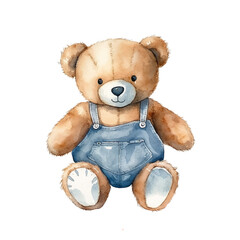 teddy bear wearing denim overalls watercolor paint