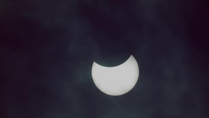 Poster - Solar eclipse in dark sky. Eclipse is mysterious natural phenomenon when Moon passes between planet Earth and Sun. Clouds are moving across dark dramatic sky