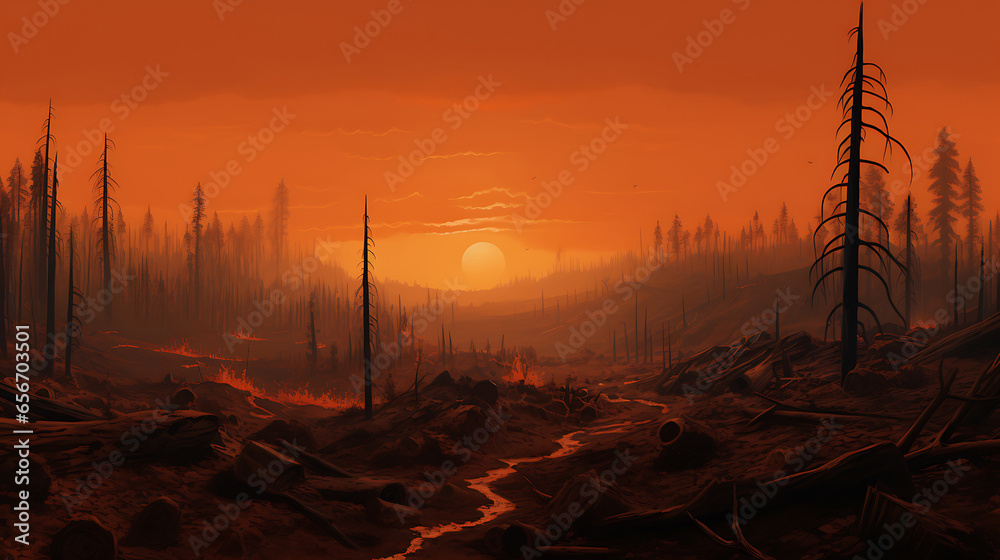 Step into a dystopian landscape where wildfires rage in the distance ...