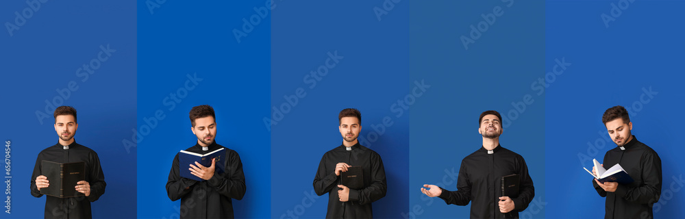 Set of priests on blue background