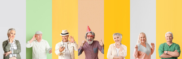 Wall Mural - Collage of elderly people on color background