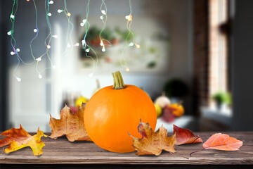 Canvas Print - Autumn background for Happy Halloween holiday. Big Pumpkin decorations, AI generated image