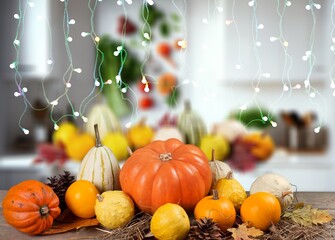 Canvas Print - Autumn background for Happy Halloween holiday. Big Pumpkin decorations, AI generated image