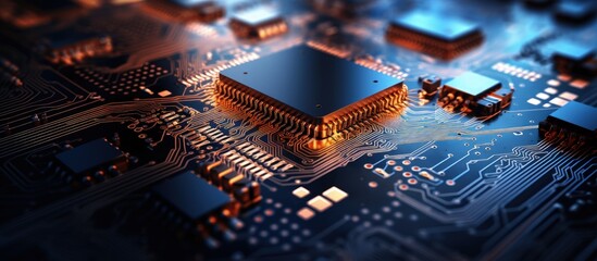 Poster - Close up of electronic circuit board with digital chip High tech technology backdrop with copyspace for text