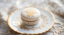  A White And Gold Plate With Two Macaroons On It.  Generative Ai