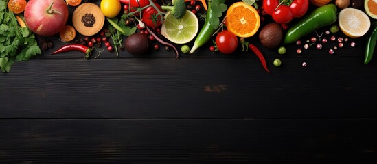 Sticker - Abundant fresh produce and spices on a black wooden background Space for text Overhead perspective with copyspace for text