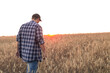 © Александр Лебедько - Copy space. Fremer walks through a field of wheat against the backdrop of a beautiful sunset, inspecting the harvest. A farmer evaluates the readiness of a wheat field for harvest. Agriculture.