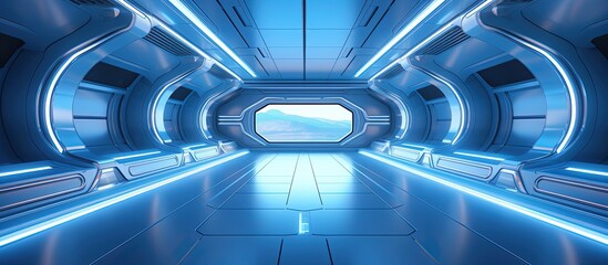 Wall Mural - Futuristic sci fi spaceship corridors with abstract blue interior design with copyspace for text
