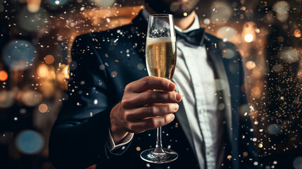 man with a glass of champagne in her hand at a New Year's party with confetti. ai generative