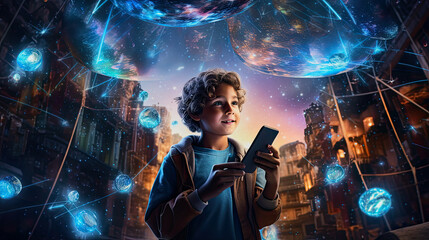 illustration of a young boy with a mobile device and a fantasy cyberspace world