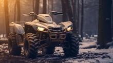 Front View Of ATV In Winter Forest. Ai Generative