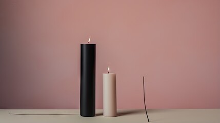 Poster -  a black candle and a white candle stand on a table.  generative ai