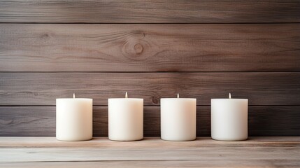 Poster -  three white candles sitting on top of a wooden table next to each other.  generative ai