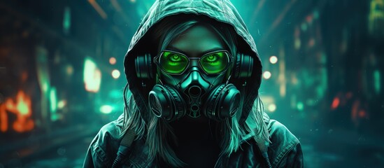 Wall Mural - Stylish cyberpunk girl in white hoodie and leather jacket dons gas mask and protective glasses amidst vibrant cityscape with copyspace for text