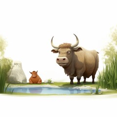 Wall Mural - big ox beside small pool, cartoon style, white background