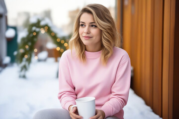 Wall Mural - Woman in pink sweater holding white cup of coffee.