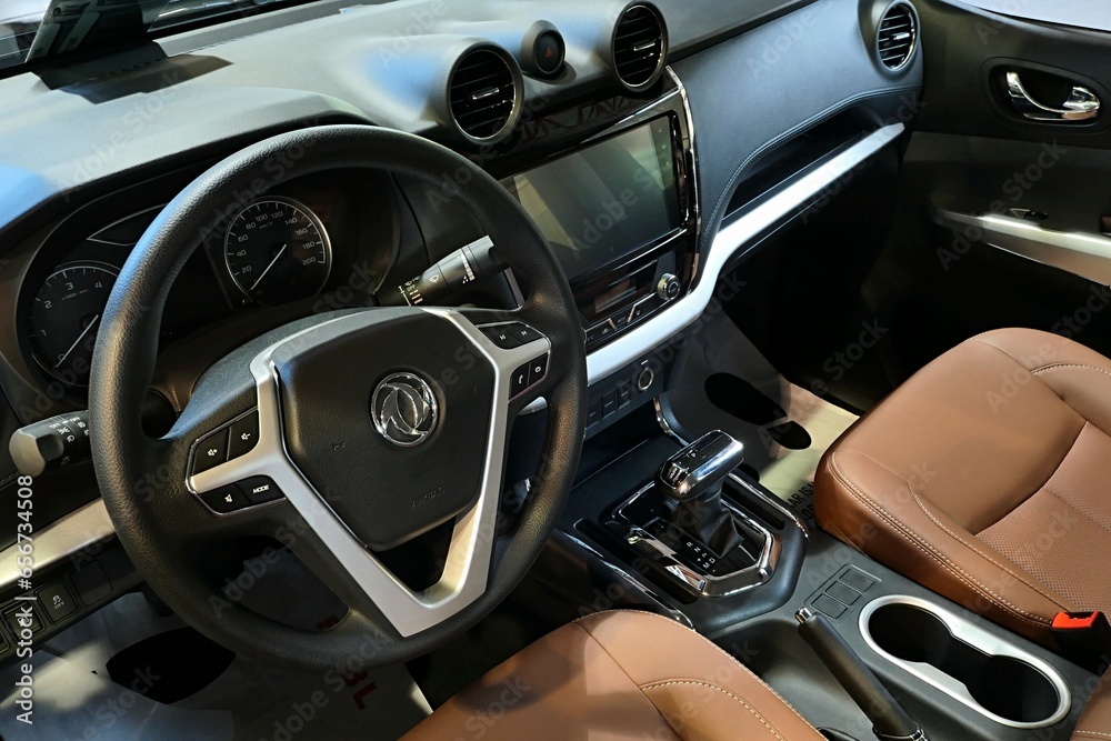 Interior of modern chinese pickup SUV car Dongfeng DF6 Rich, based on ...