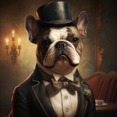 Poster - A bulldog wearing a tuxedo and a top hat. Generative AI.