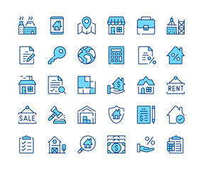 Wall Mural - Real estate icons set. Vector line icons. Blue color outline stroke symbols. Modern concepts