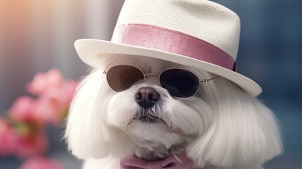 Canvas Print - A white dog wearing a hat and sunglasses. Generative AI.